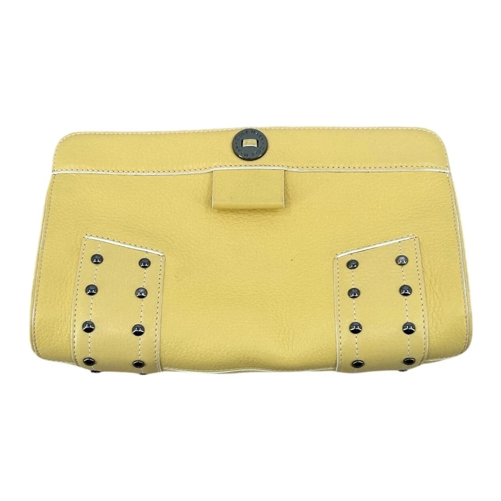 Womens Cole‎ Haan Village Large Cosmetic Case Yellow Pebbled Studded Leather Bag